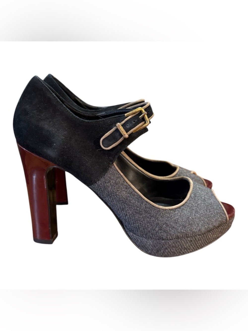 J.Crew Flannery Mixed-Media Mary Jane Heel Grey/Black/Cranberry Women’s Size 8.5